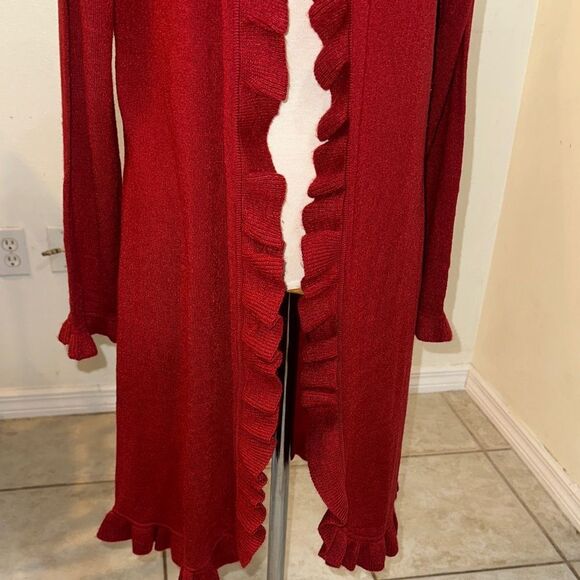 Travel Smith Red Ruffled Open Long Cardigan Sweater Size XL - Picture 6 of 13